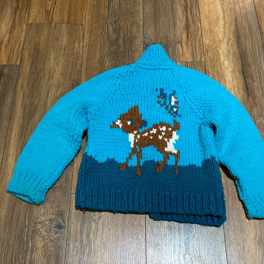 Vintage 1970’s hand knit, crochet sweater, jacket with a deer fawn on the back.